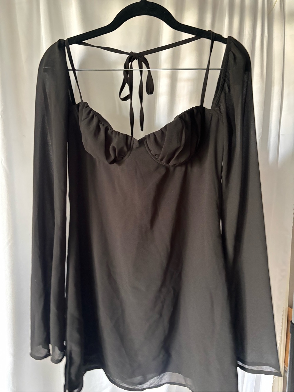 Black Sheer Long-Sleeve Tie-Back Women’s dress white fox